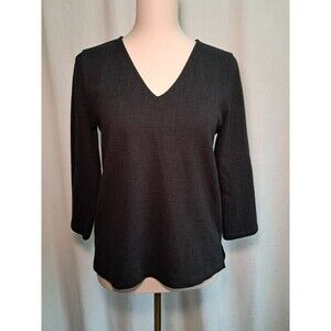 J. Crew Textured V-Neck 3/4 Sleeve Tee T-shirt Top Black Side Vents AP650 Size S